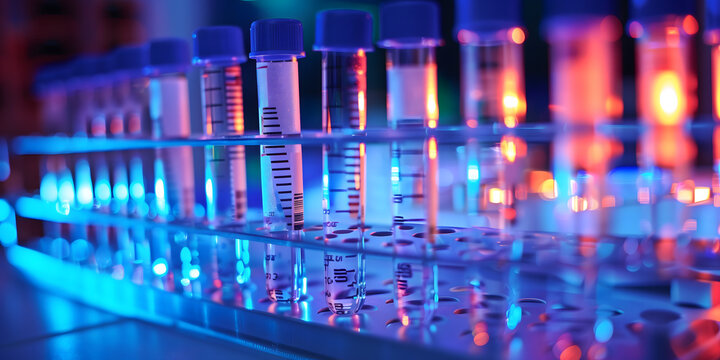 Rows of test tubes filled with  samples in a clinical laboratory, healthcare diagnostics