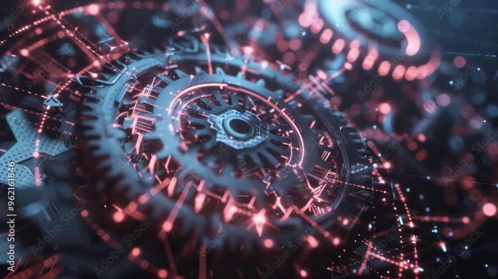 Poster Close-up of intricate metal gears with glowing lights, representing the complexity of modern technology.