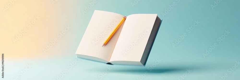 Poster a realistic 3d render of an open notebook with a pencil resting on its pages, floating in mid-air ag