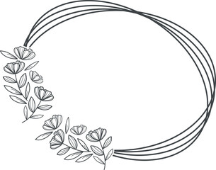 Floral wreath with leaves for wedding. Frame of garden rose with stem and leaves. Hand Drawn Rose  Flower Wreath. 