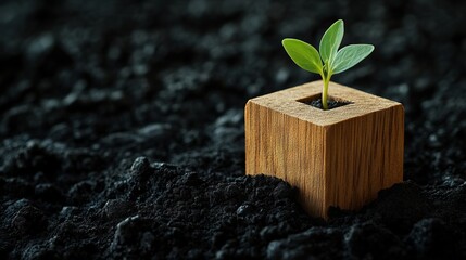 Growth and Development Symbolized by a Wooden Cube with Green Sprout on Black Soil. AI generated illustration