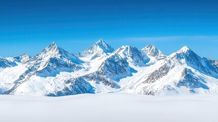 Fototapeta premium Snow-capped mountains under a clear blue sky, winter weather, cold and majestic