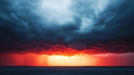 Sun setting behind a line of thunderstorms on the horizon, dramatic weather, contrast of light and dark