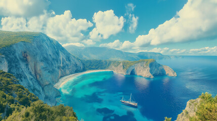 Obraz premium Navagio Beach is beautiful, the sky is clear, the sea water is beautiful, the beach is beautiful, the weather is good.
