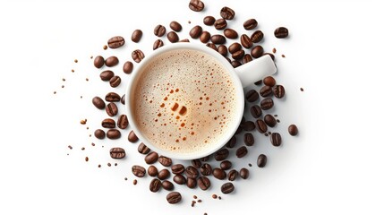 Coffee Cup and Beans Isolated on White Background