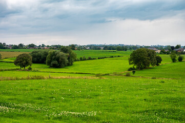 Green meadows and hills around Lontzen, Walloon Region, Belgium