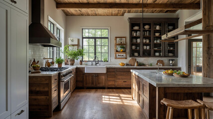 A Warm, Rustic Kitchen With Wooden Beams, Farmhouse-style Cabinets, And Vintage Appliances