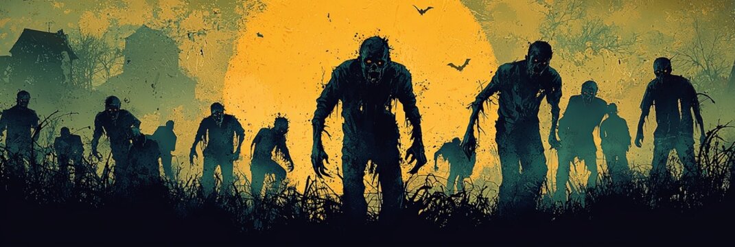 A group of ghoulish zombies emerges through an eerie yellow mist, under the dim light of a full moon, creating a highly suspenseful and haunting visual in a dark rural setting.