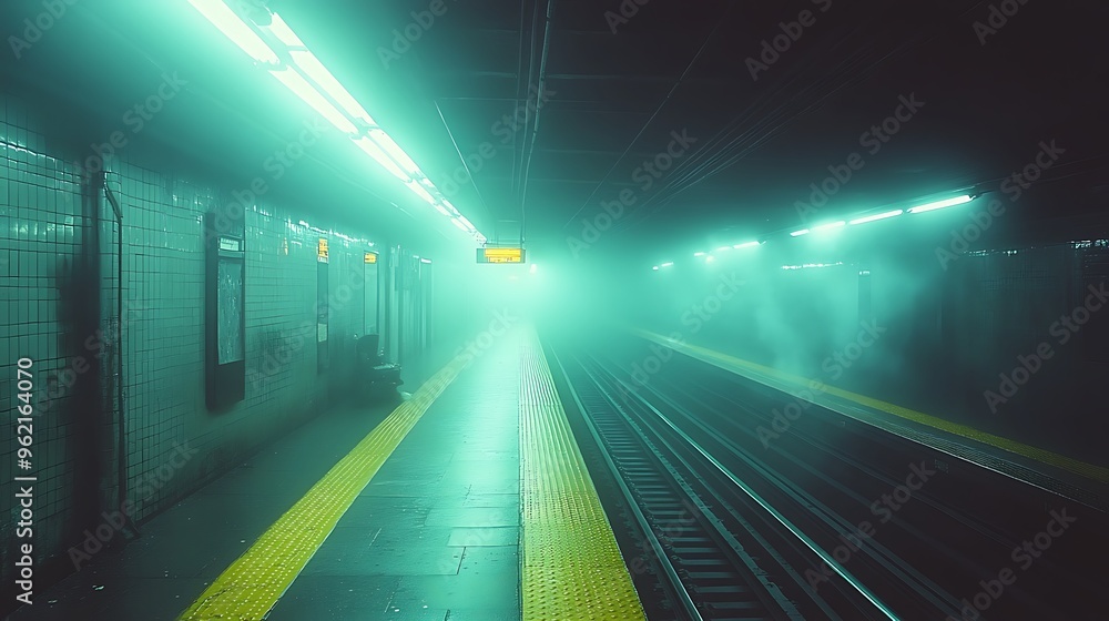 Poster an empty subway station platform with fog and glowing lights.