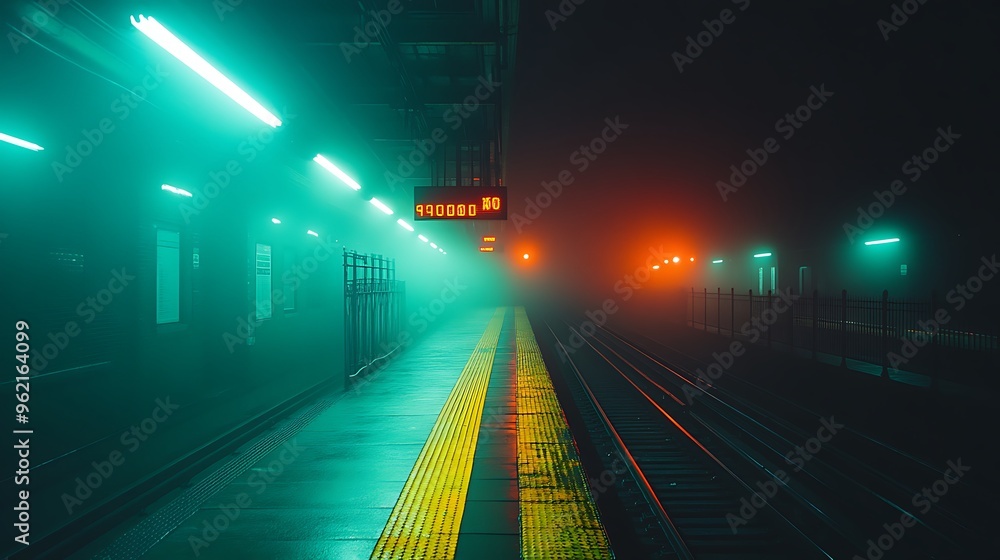 Poster empty subway platform shrouded in fog illuminated by green and red lights.