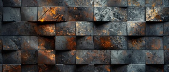 Textured wall made of metallic tiles showcasing an artistic blend of dark and warm tones, perfect for modern interior designs.