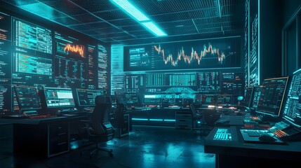 Hacker Workspace with Multiple Monitors and Neon Lights.