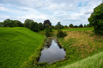 The Fredericia Vold nature park with green reflections in a creek, Fredericia, Denmark