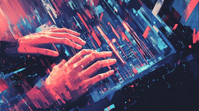 Close-up of two hands typing on a glowing keyboard surrounded by neon light streaks and abstract code. The vibrant colors represent innovation and creativity.