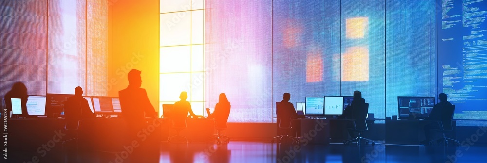 Poster Silhouettes of programmers working in front of large digital screens during a sunrise. Collaborative IT development and teamwork.