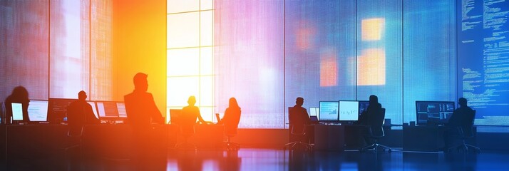 Silhouettes of programmers working in front of large digital screens during a sunrise. Collaborative IT development and teamwork.