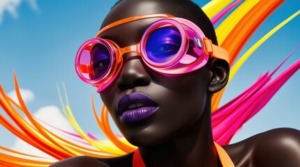 With bold swim goggles framing her face, the model radiates a playful summer vibe against a backdrop of vivid colors, reflecting joy and adventure by the beach