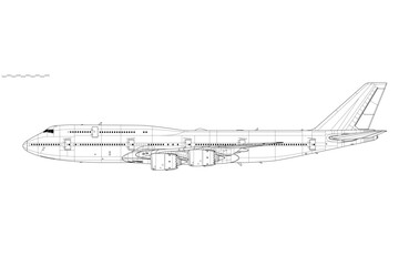 Boeing 747-8. Vector drawing of long-range, wide-body passenger jet airliner. Side view. Image for illustration and infographics.