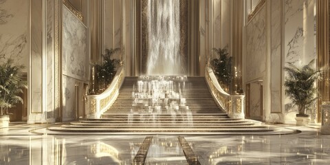 Marble Staircase with Waterfall in Luxurious Interior