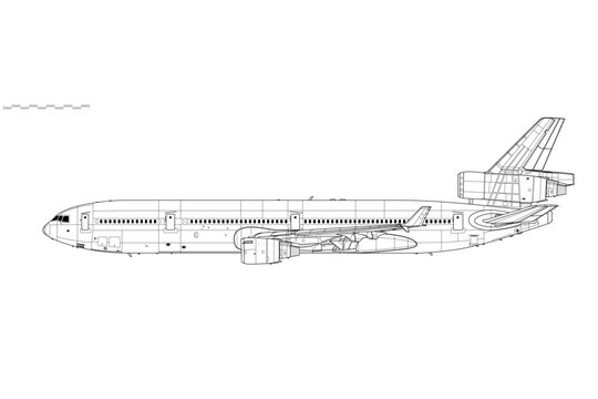 McDonnell Douglas MD-11ER. Vector drawing of long-range, wide-body passenger jet airliner. Side view. Image for illustration and infographics.
