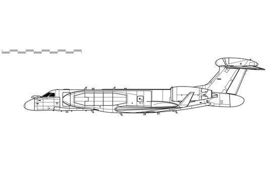 Gulfstream EA-37B Banshee. EC-37B. Vector drawing of electronic attack aircraft. Side view. Image for illustration and infographics.
