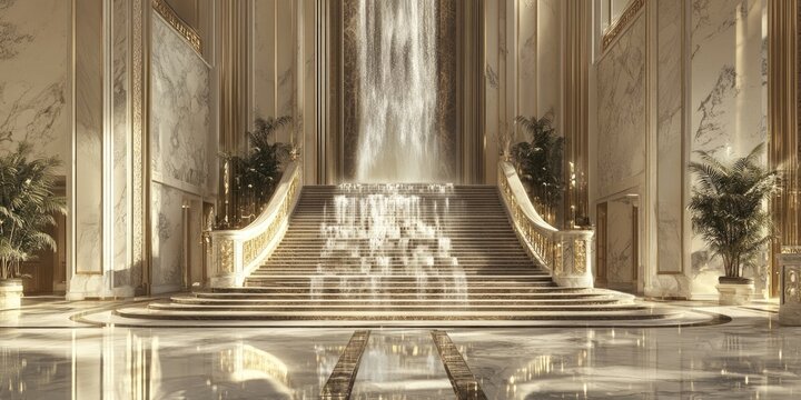 Marble Staircase with Waterfall in Luxurious Interior