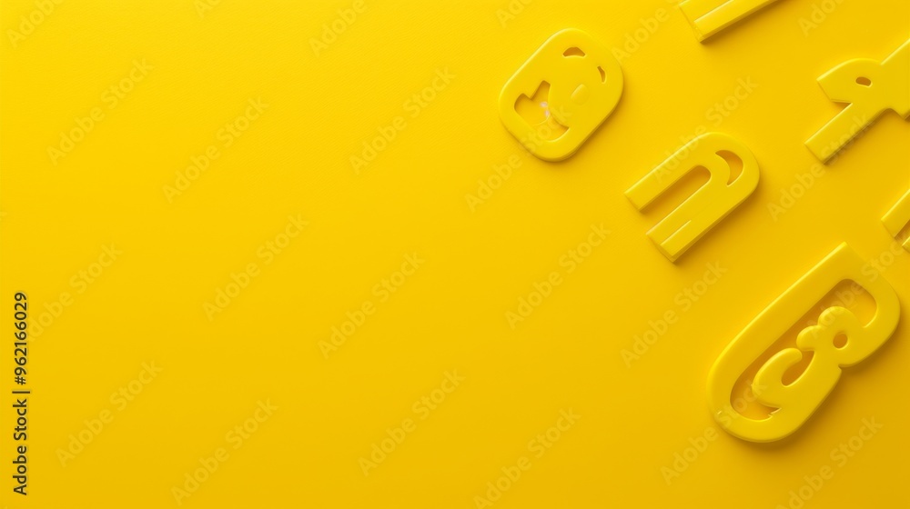 Aufkleber yellow plastic letters are scattered on a bright yellow background, creating a monochromatic and pla