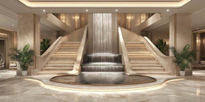 Luxurious Interior with Waterfall and Dual Staircases