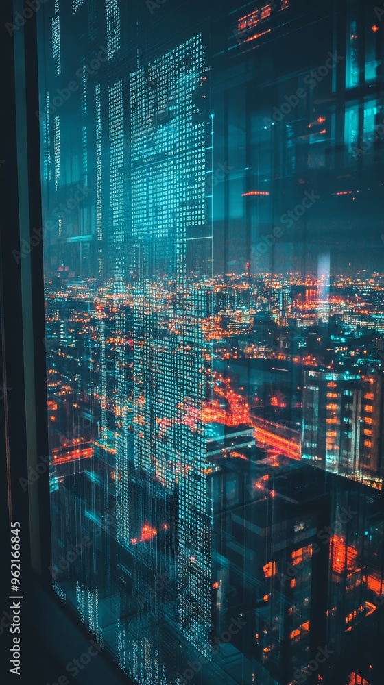 Poster Cityscape at night seen through a digital code overlay on glass windows. Futuristic city view with abstract programming codes.