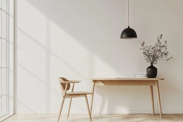 Minimalist Home Office with Light Wood Desk, AI generated illustration