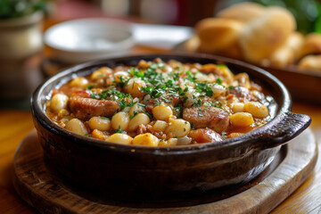 A hearty serving of fabada asturiana showcases vibrant colors and traditional flavors in a rustic dining setting