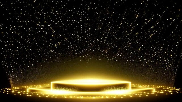 golden stage circular platform glowing lights shimmering particles dark background luxury event presentation ceremony exclusive gala concert video