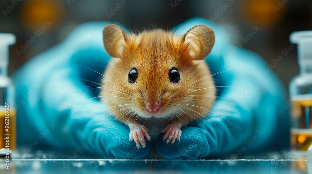 Aufkleber a small experimental mouse gently resting on a gloved hand in a laboratory setting