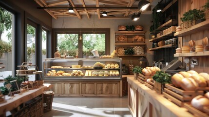 A rustic bakery with wooden shelves, display cases, and counters, filled with freshly baked bread and pastries. Sunlight streams through windows showcasing an outdoor patio.