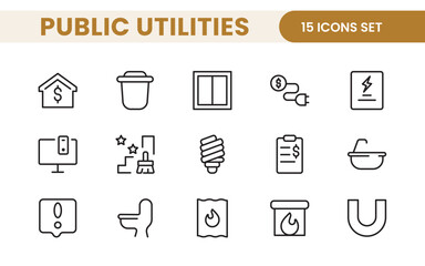 Public utilities linear signed icon collection. Signed thin line icons collection. Set of public utilities simple outline icons.