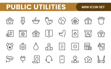 Public utilities linear signed icon collection. Signed thin line icons collection. Set of public utilities simple outline icons.