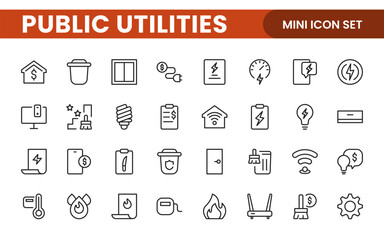 Public utilities linear signed icon collection. Signed thin line icons collection. Set of public utilities simple outline icons.