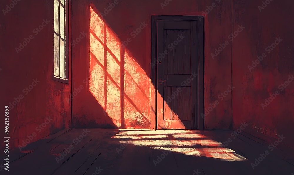 Poster sunlight streaming through a window and doorway in a red room