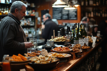 Fototapeta premium Experience the vibrant culture of pintxos dining at a bustling bar in San Sebastian's Basque Country, filled with delicious culinary delights