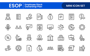 Outline icons about ESOP employee stock ownership plan. Contains such icons as company, win-win, scheme and benefits.