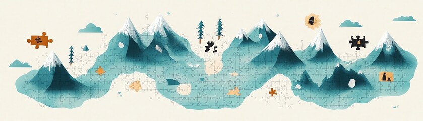 Abstract landscape with blue mountains and clouds.