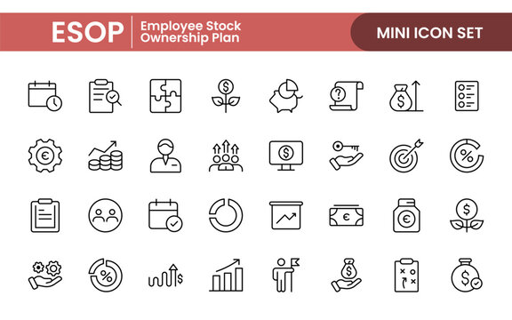 Outline icons about ESOP employee stock ownership plan. Contains such icons as company, win-win, scheme and benefits.
