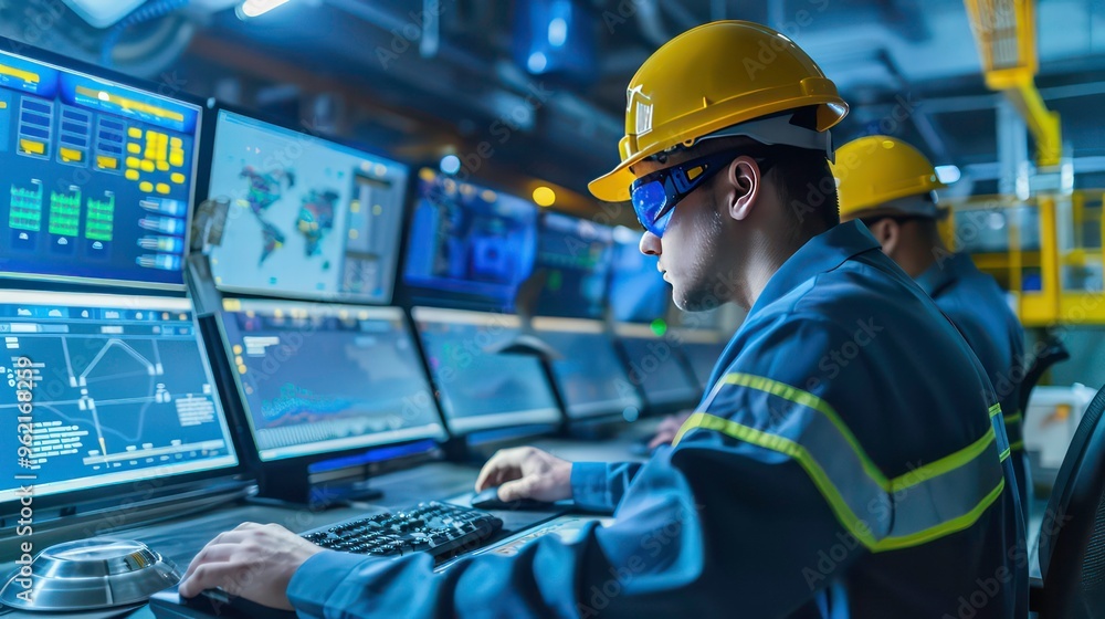 Poster a man in a yellow hard hat and safety glasses sits at a computer, monitoring data on multiple screen