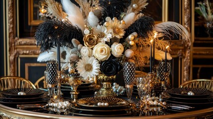 A luxurious Art Deco Christmas table setting featuring black and gold tableware, geometric candle holders, and an opulent floral centerpiece adorned with feathers and pearls