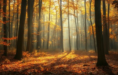 Obraz premium Golden Autumn Forest in Tranquil Light, AI generated illustration