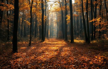 Obraz premium Golden Autumn Forest in Tranquil Light, AI generated illustration