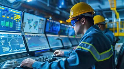 A man in a yellow hard hat and safety glasses sits at a computer, monitoring data on multiple screens.