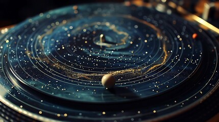 A close-up of a vinyl record spinning on a turntable, with the grooves transforming into a spiral galaxy, 