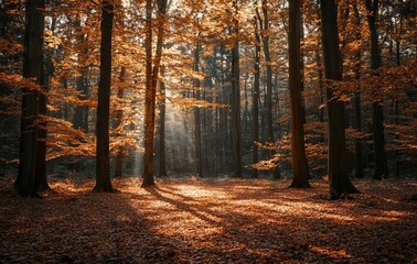 Fototapeta premium Golden Autumn Forest in Tranquil Light, AI generated illustration