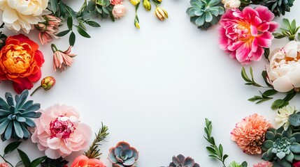 Brightly colored peonies and succulents, arranged in a delicate circle, suspended mid-air on a stark white background
